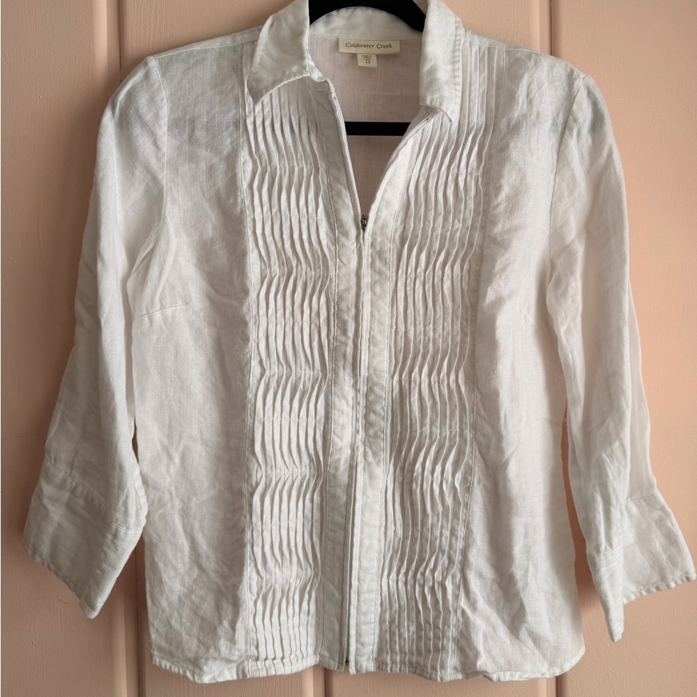 Coldwater Creek 100% linen Classic zipper White Blouse size 6-8
